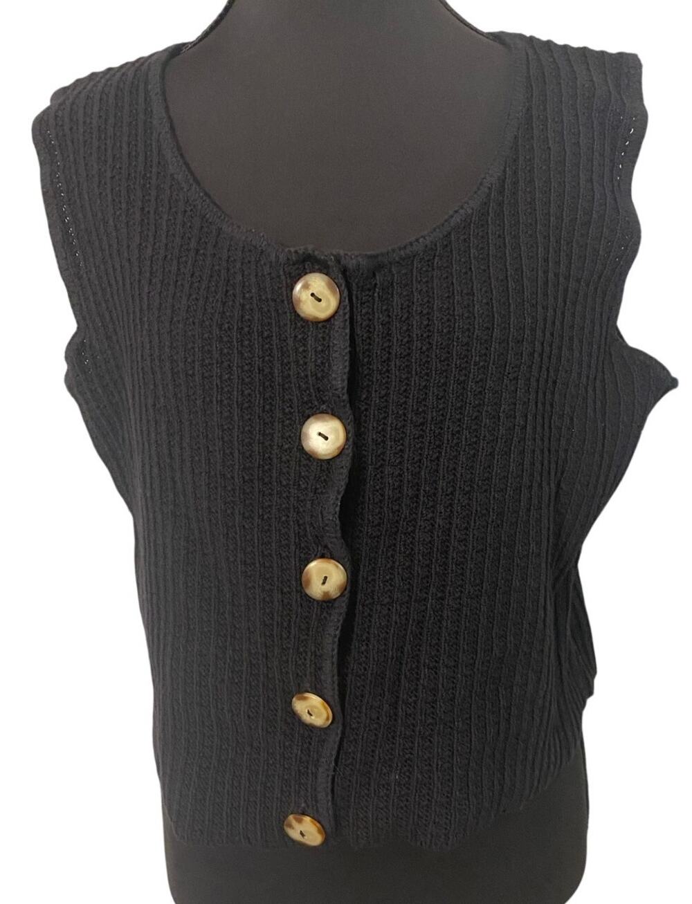 Knit Club USA Black Ribbed Cotton Button Front Sleeveless Sweater Vest L